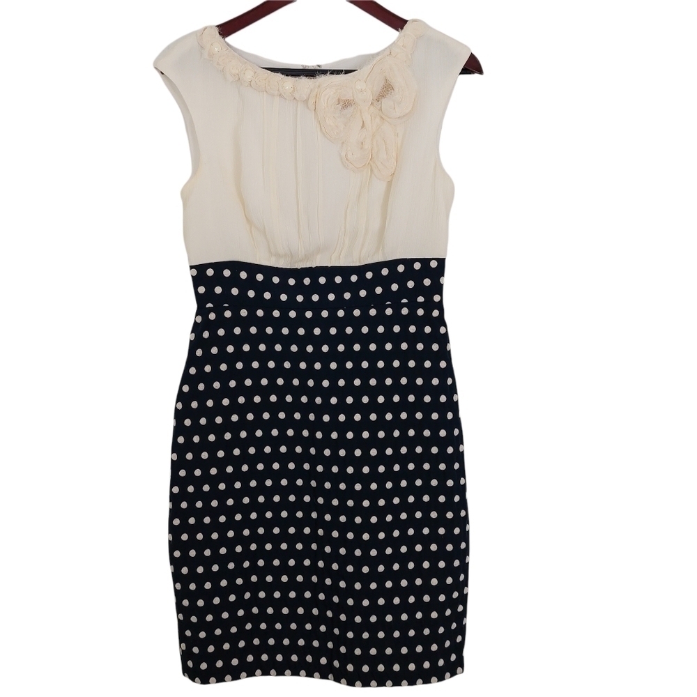 Suzi Chin for Maggy Boutique Size 6 Polka Dot Navy Cream Shift Dress Silk Blend.